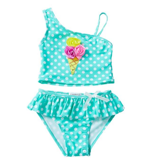 UPF 50+ Toddler Swimsuit Dot 3D Rose Ice Cream Applique Sequins Slanted Shoulder Sling Ruffle Lace Costumi da bagno Ensembles 2 pièces Girls